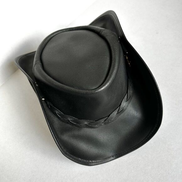 Vintage Coastline Hat Co Black Leather Australian Hat Size Med Crocodile Dundee - Picture 2 of 12